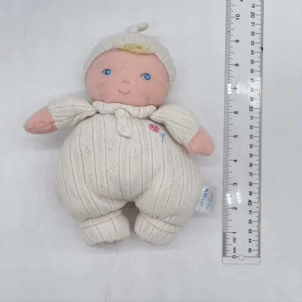 VINTAGE White Carter's Prestige Toy Blonde Blue Eyes Plush Baby Girl Doll Rattle